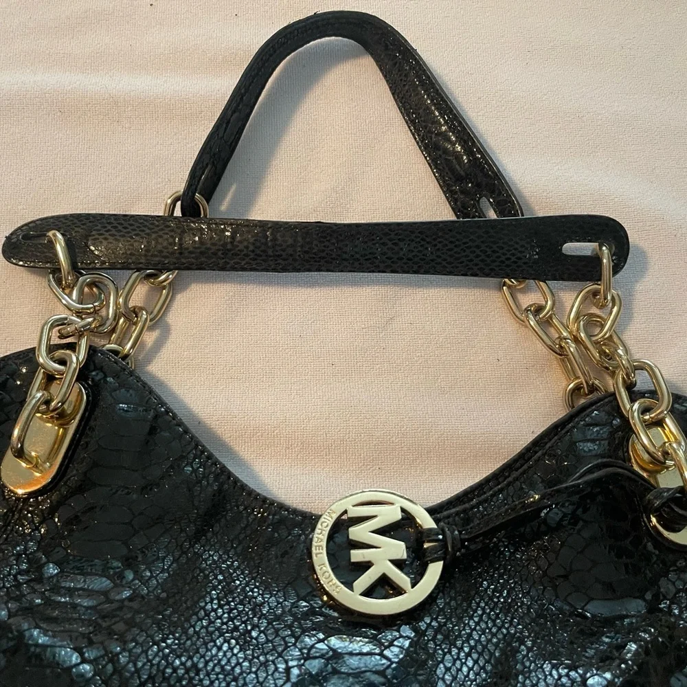 MICHAEL Michael Kors Black Snake-Embossed Leather Hobo with Gold Hardware